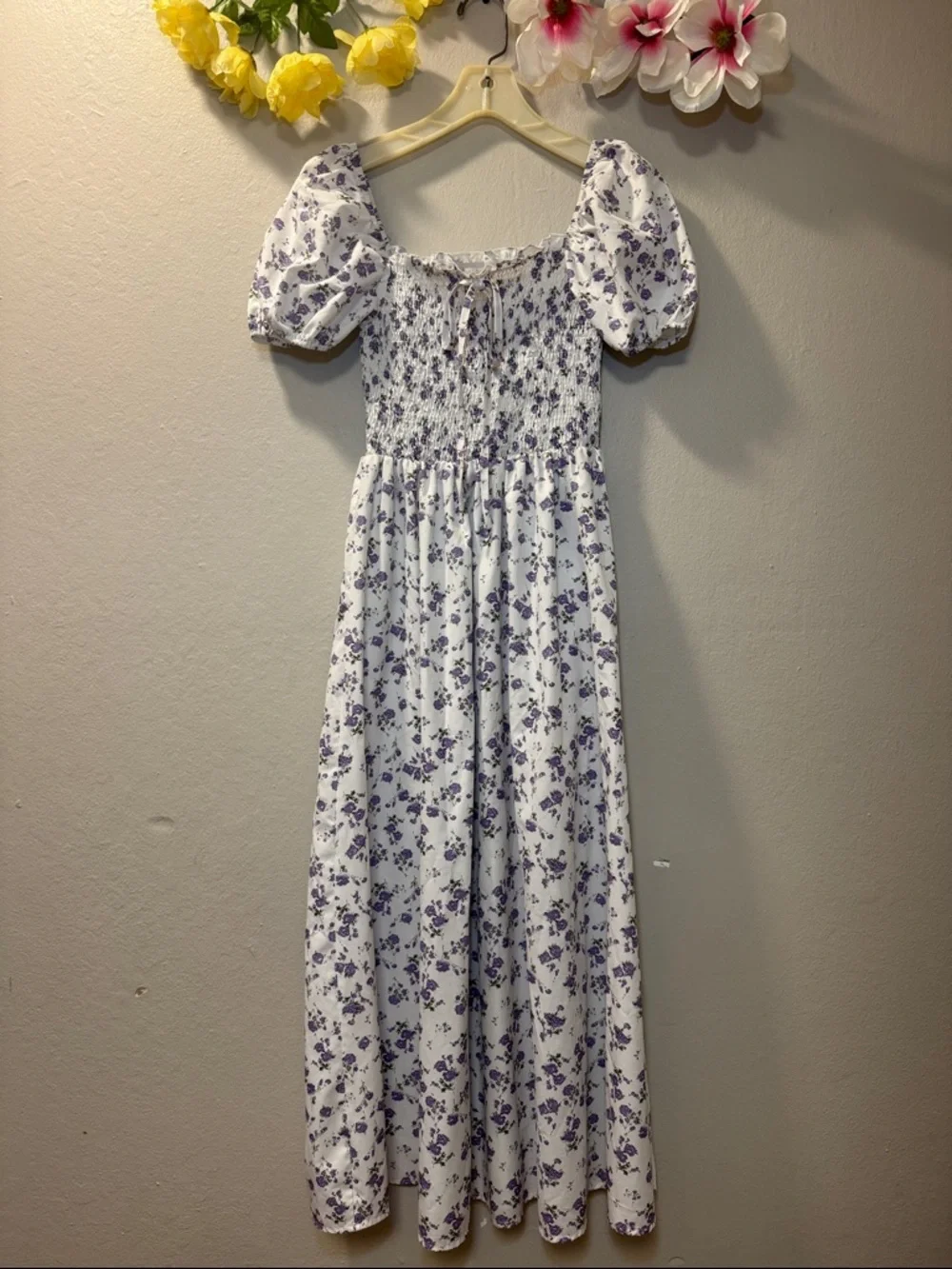 Girls White & Lavender Floral Smocked Maxi Dress - Picture 1 of 8